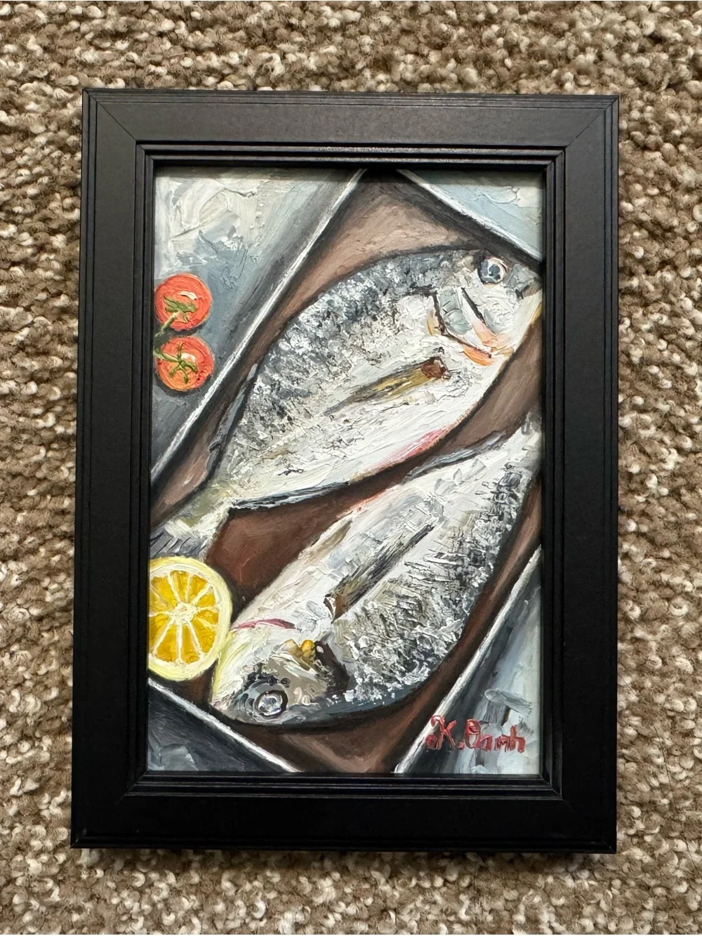 Original oil painting Hand-Painted fishes signed framed 4x6 inches